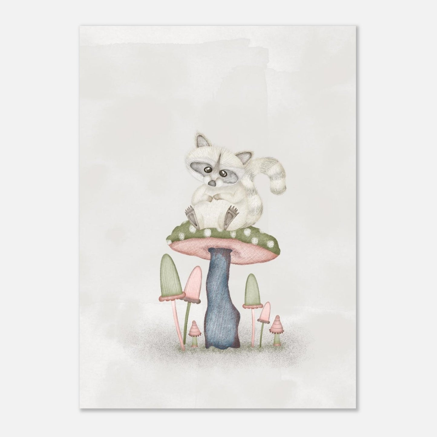 Resting Raccoon in Mushroom Woodland Illustration (5" x 7" Art Print)