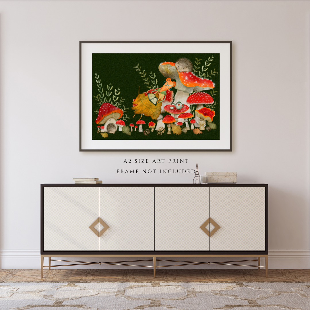 Hedgehogs, Tea and Book Loving Mouse Wall Art - A2 Art Print (42 x 59.4  cm)