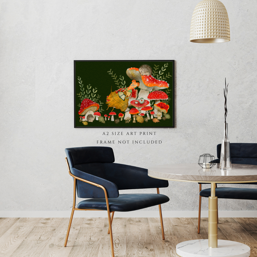 Hedgehogs, Tea and Book Loving Mouse Wall Art - A2 Art Print (42 x 59.4  cm)