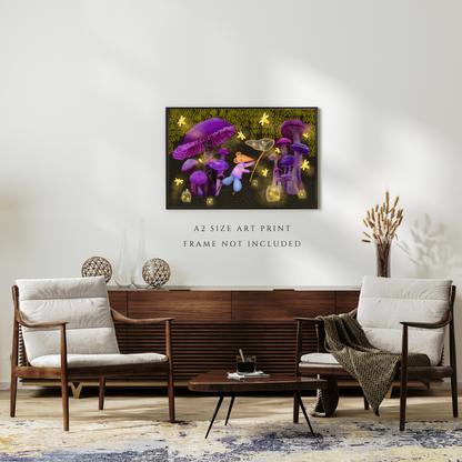 Fireflies, Purple Mushrooms and Mouse Wall Art - A2 Art Print (42 x 59.4  cm)