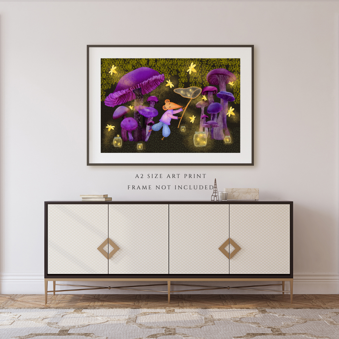 Fireflies, Purple Mushrooms and Mouse Wall Art - A2 Art Print (42 x 59.4  cm)