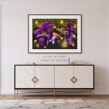 Fireflies, Purple Mushrooms and Mouse Wall Art - A2 Art Print (42 x 59.4  cm)