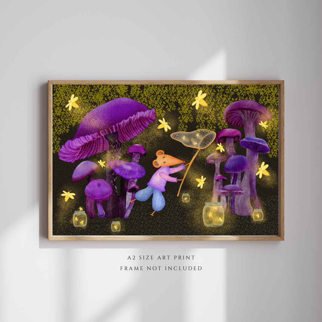Fireflies, Purple Mushrooms and Mouse Wall Art - A2 Art Print (42 x 59.4  cm)