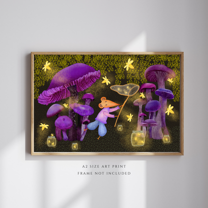 Fireflies, Purple Mushrooms and Mouse Wall Art - A2 Art Print (42 x 59.4  cm)