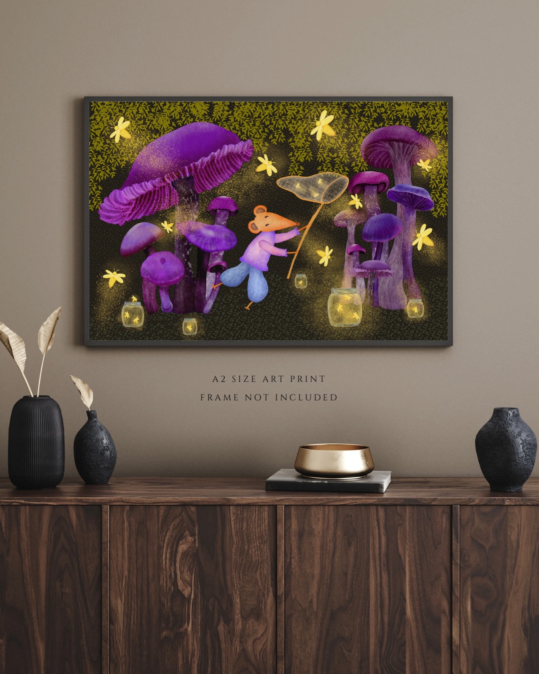 Fireflies, Purple Mushrooms and Mouse Wall Art - A2 Art Print (42 x 59.4  cm)