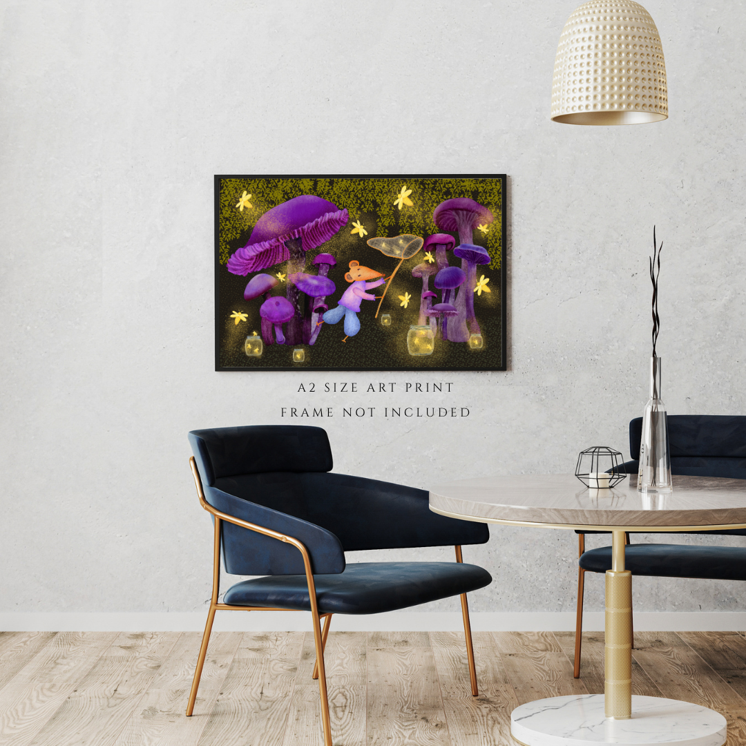 Fireflies, Purple Mushrooms and Mouse Wall Art - A2 Art Print (42 x 59.4  cm)