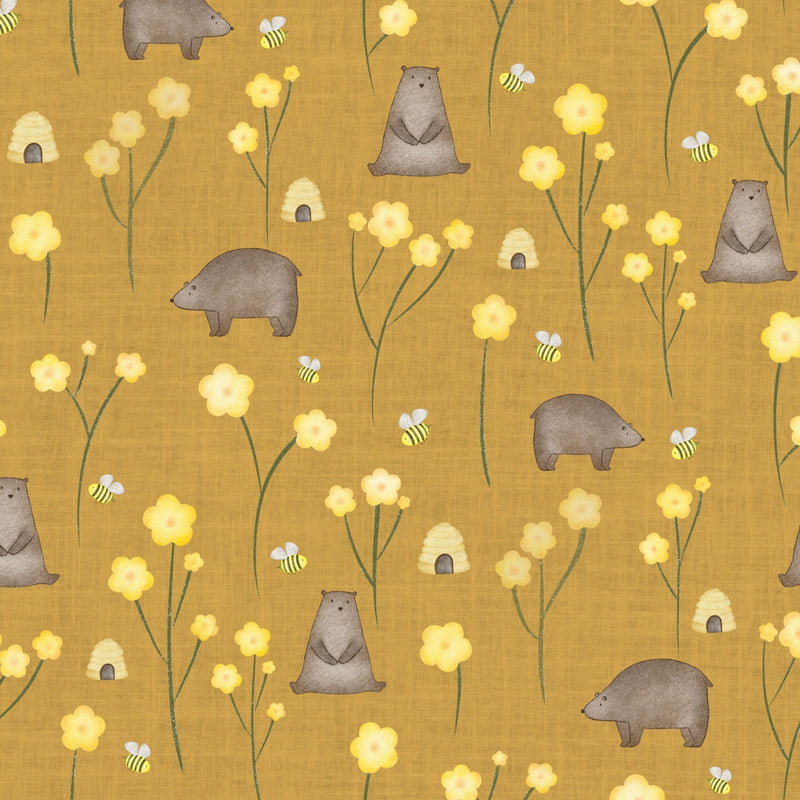 Whimsical cottage core bears and beehives surface pattern designs for wallpaper, fabric, textiles and home decor products, by Whispers in Print.