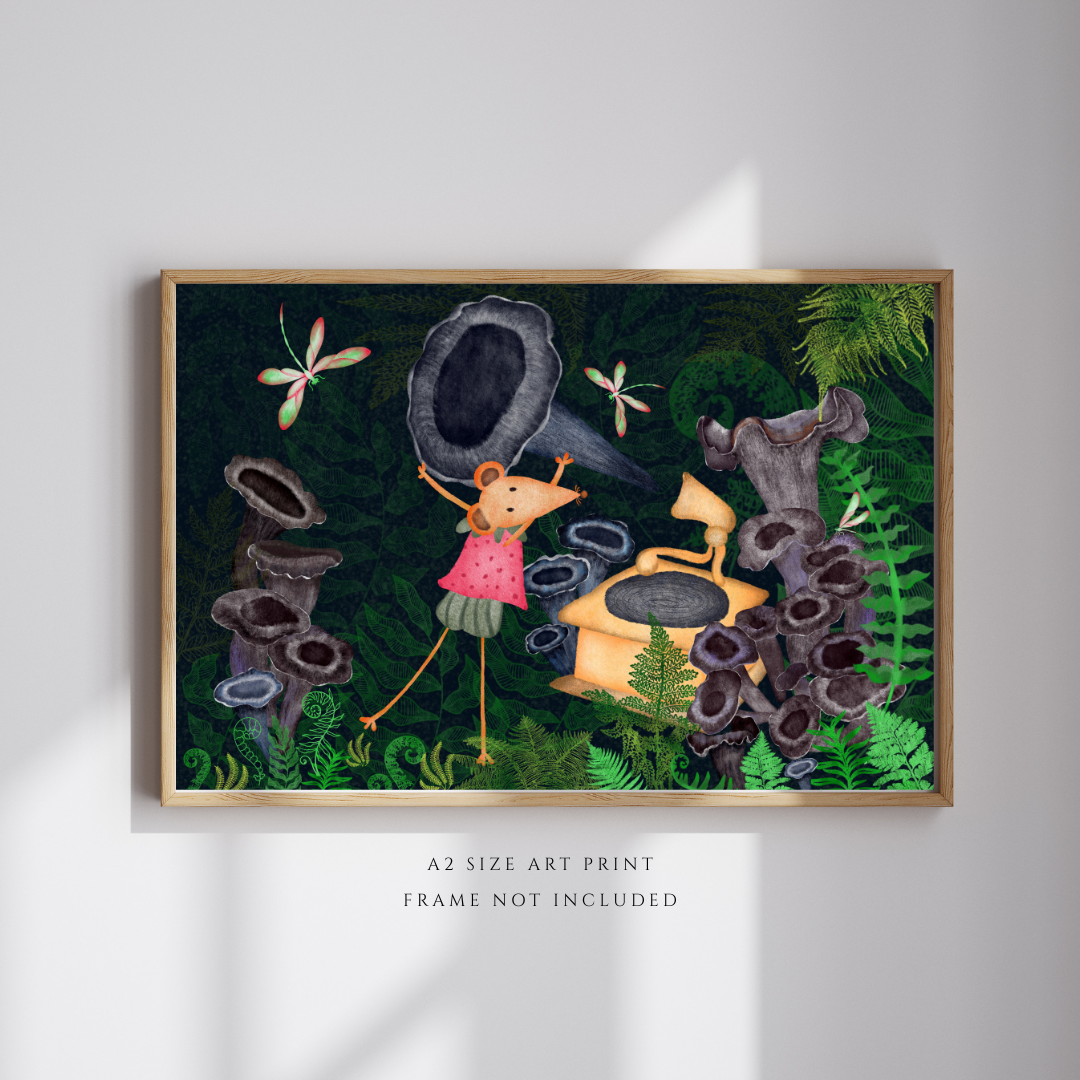 Dragonflies, Gramophone and Music Loving Mouse Wall Art - A2 Art Print (42 x 59.4  cm)