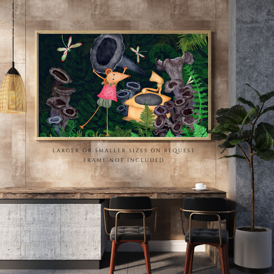 Dragonflies, Gramophone and Music Loving Mouse Wall Art - A2 Art Print (42 x 59.4  cm)