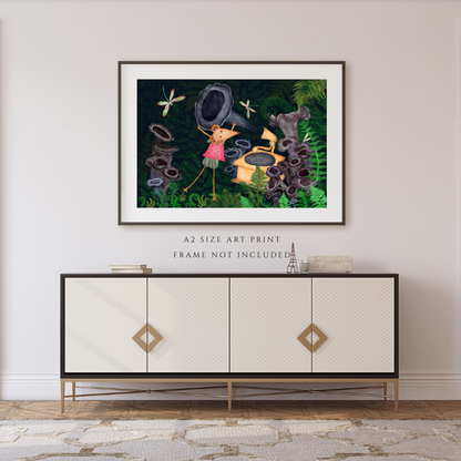 Dragonflies, Gramophone and Music Loving Mouse Wall Art - A2 Art Print (42 x 59.4  cm)