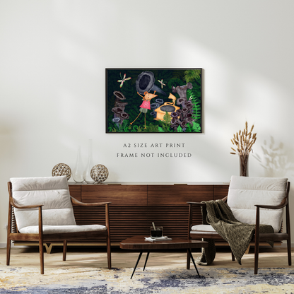 Dragonflies, Gramophone and Music Loving Mouse Wall Art - A2 Art Print (42 x 59.4  cm)