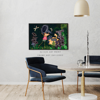 Dragonflies, Gramophone and Music Loving Mouse Wall Art - A2 Art Print (42 x 59.4  cm)