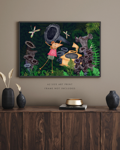 Dragonflies, Gramophone and Music Loving Mouse Wall Art - A2 Art Print (42 x 59.4  cm)