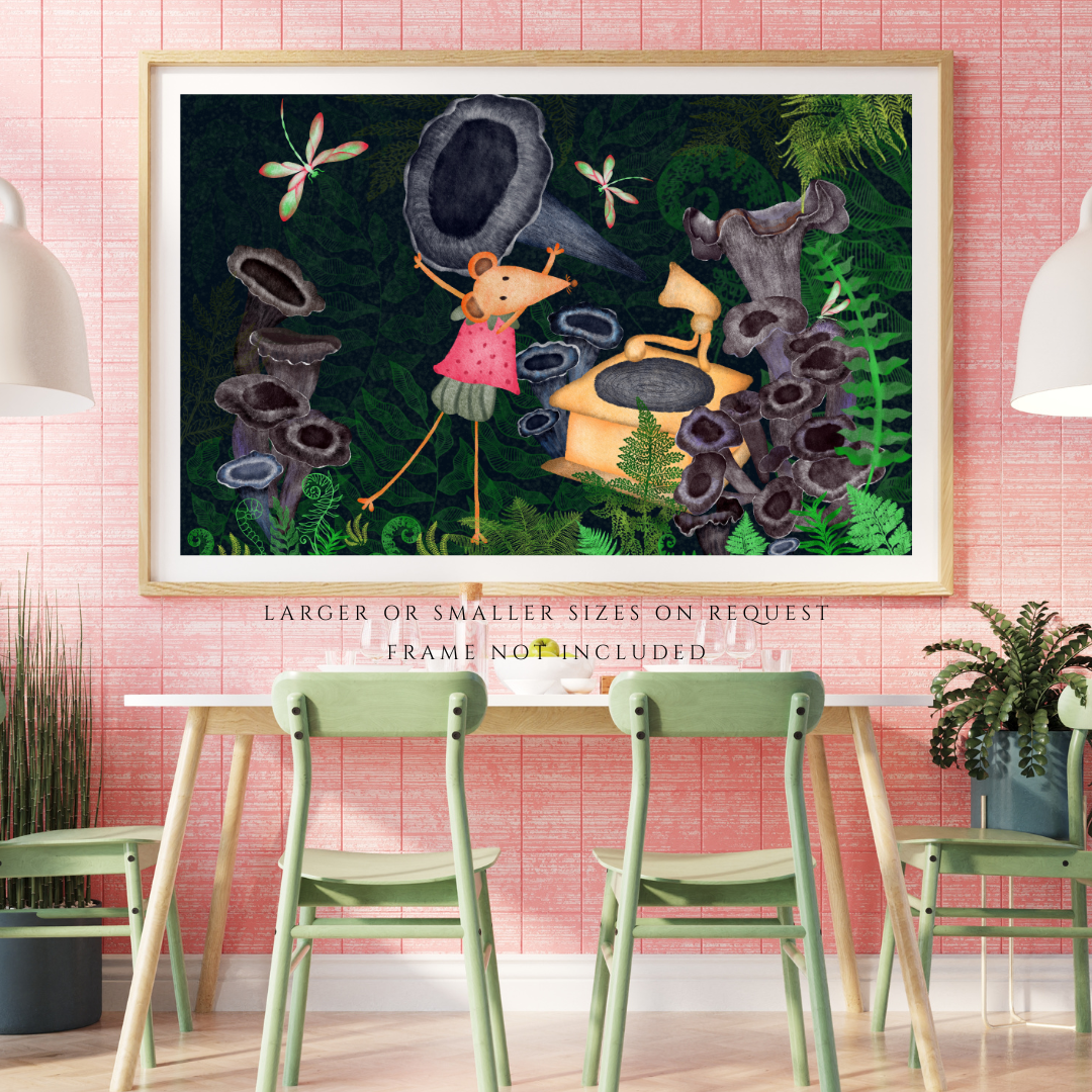 Dragonflies, Gramophone and Music Loving Mouse Wall Art - A2 Art Print (42 x 59.4  cm)