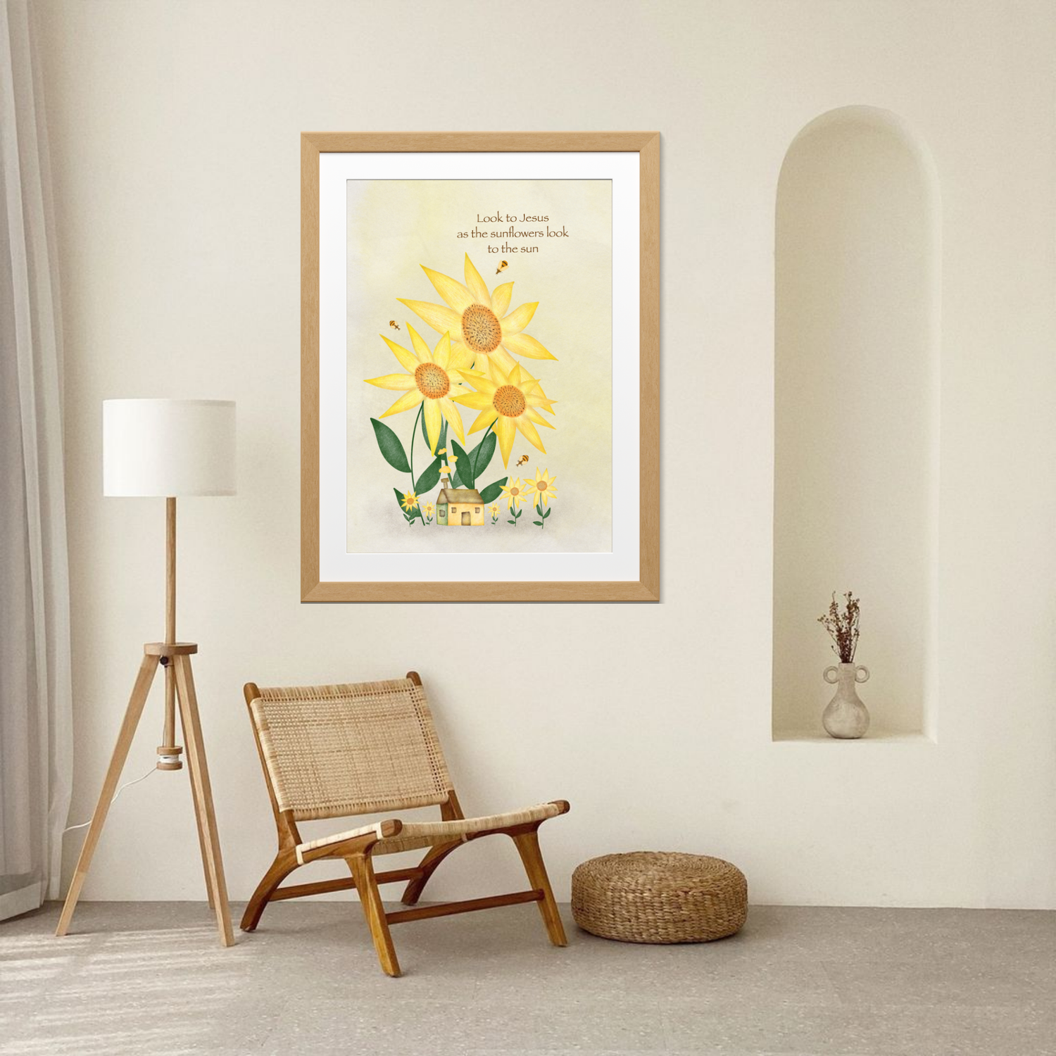 Cottage core sunflower illustration Christian art print, faith-inspired wall art by Whispers in Print.