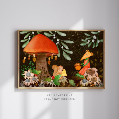 Squirrel and Mouse Holiday Woodland Wall Art - A2 Art Print (42 x 59.4  cm)
