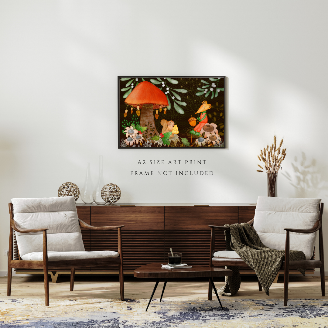 Squirrel and Mouse Holiday Woodland Wall Art - A2 Art Print (42 x 59.4  cm)