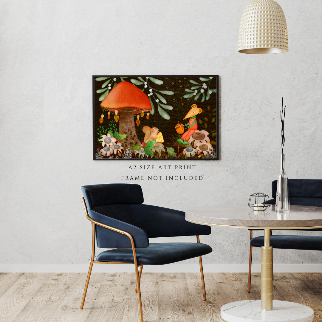 Squirrel and Mouse Holiday Woodland Wall Art - A2 Art Print (42 x 59.4  cm)