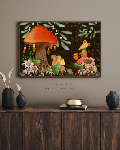 Squirrel and Mouse Holiday Woodland Wall Art - A2 Art Print (42 x 59.4  cm)