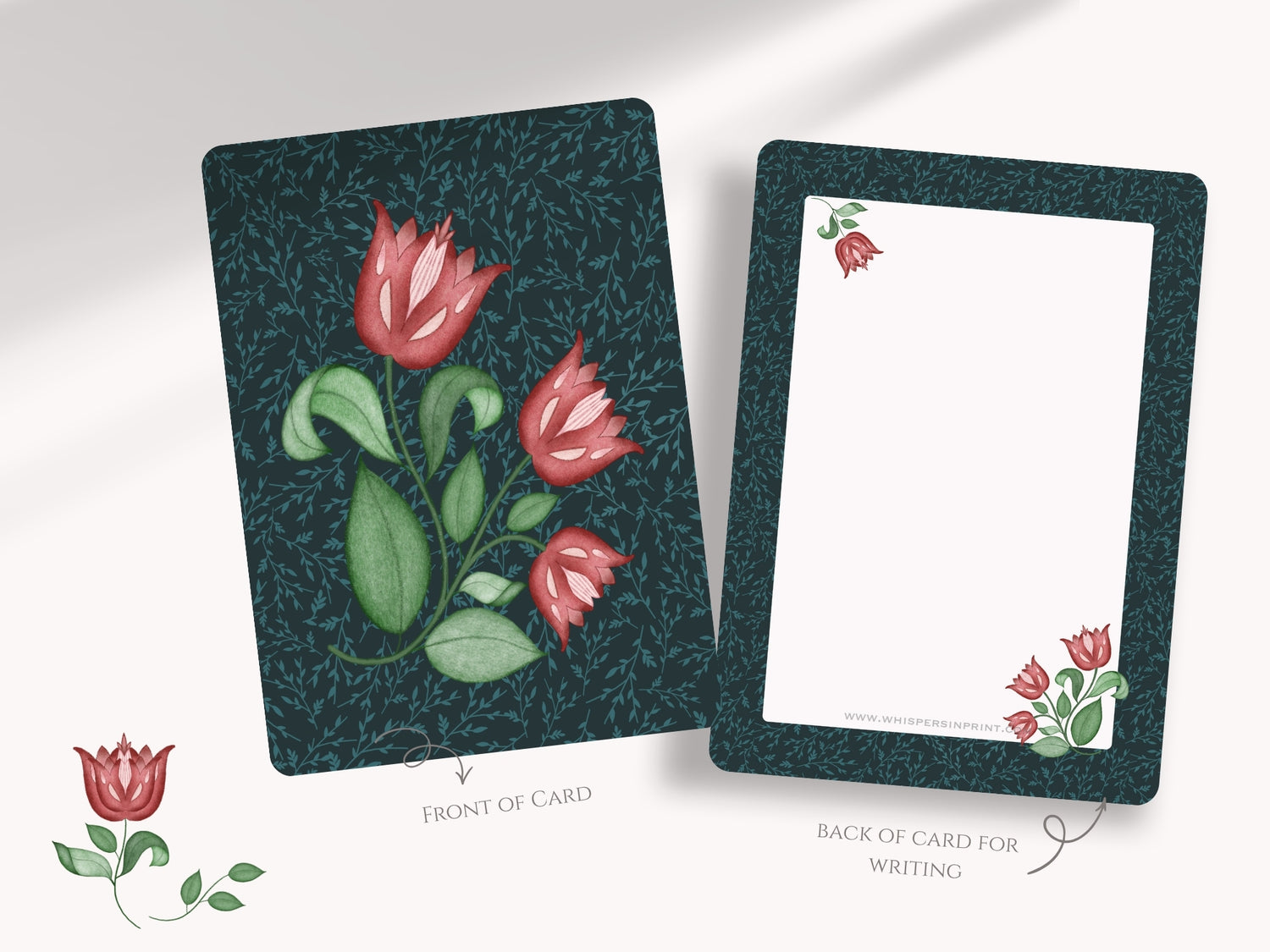 Red tulips illustration postcard, floral hand-drawn stationery for heartfelt notes.
