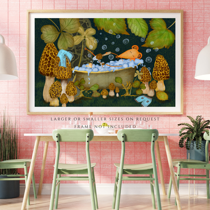 Bubble Bath, Woodland Mushrooms and Mouse Wall Art - A2 Art Print (42 x 59.4  cm)