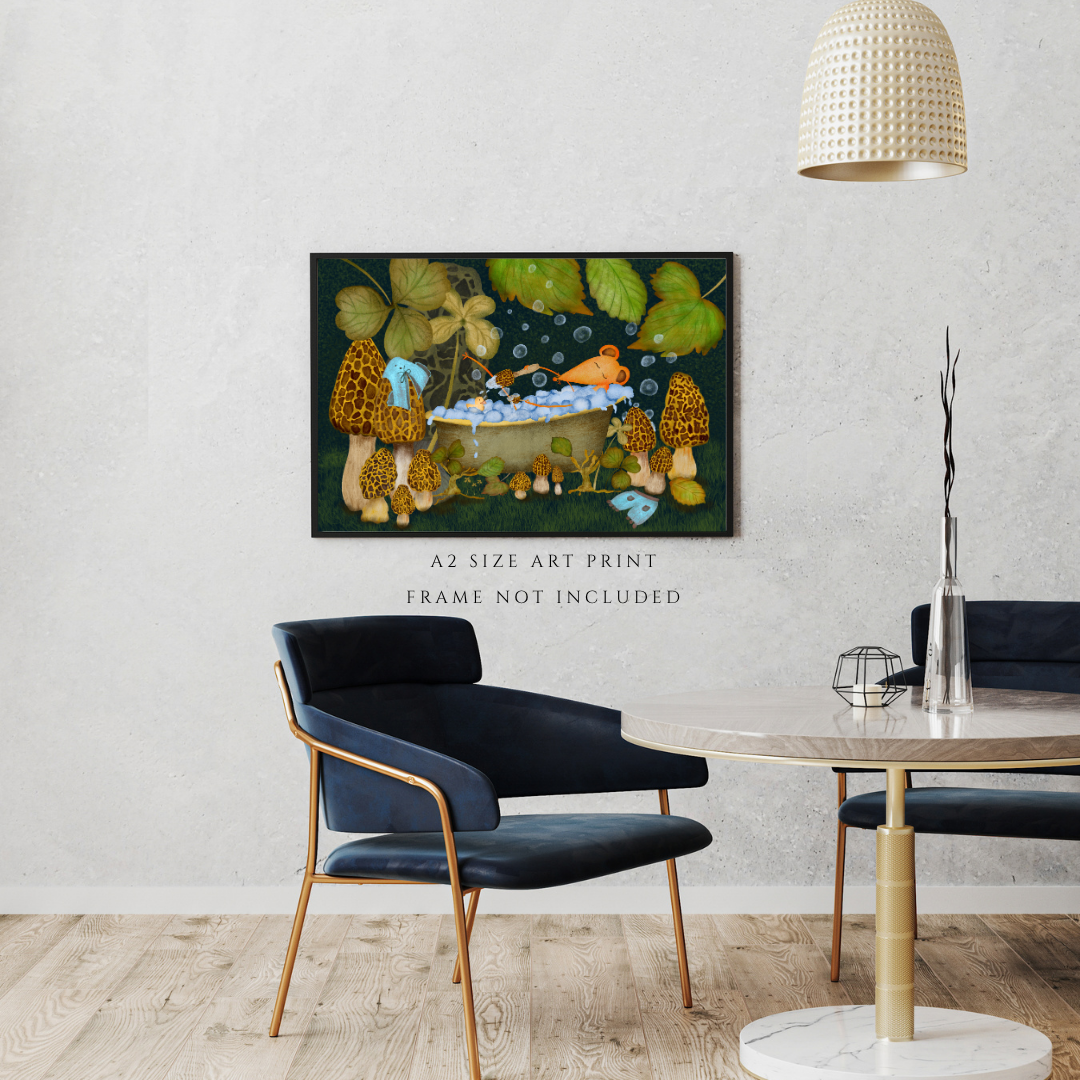 Bubble Bath, Woodland Mushrooms and Mouse Wall Art - A2 Art Print (42 x 59.4  cm)