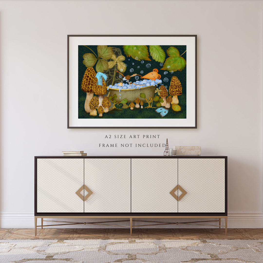 Bubble Bath, Woodland Mushrooms and Mouse Wall Art - A2 Art Print (42 x 59.4  cm)