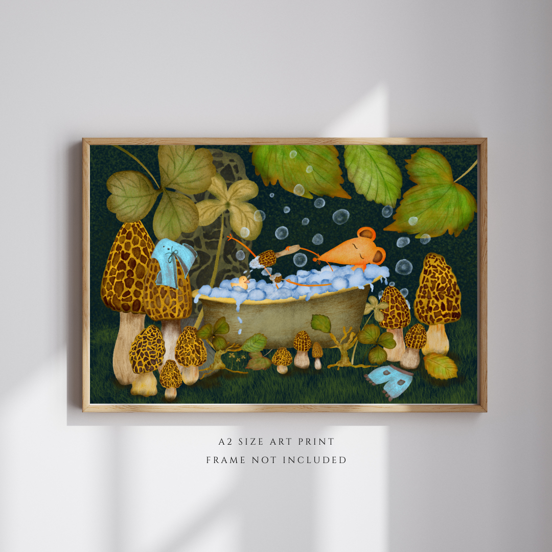 Bubble Bath, Woodland Mushrooms and Mouse Wall Art - A2 Art Print (42 x 59.4  cm)