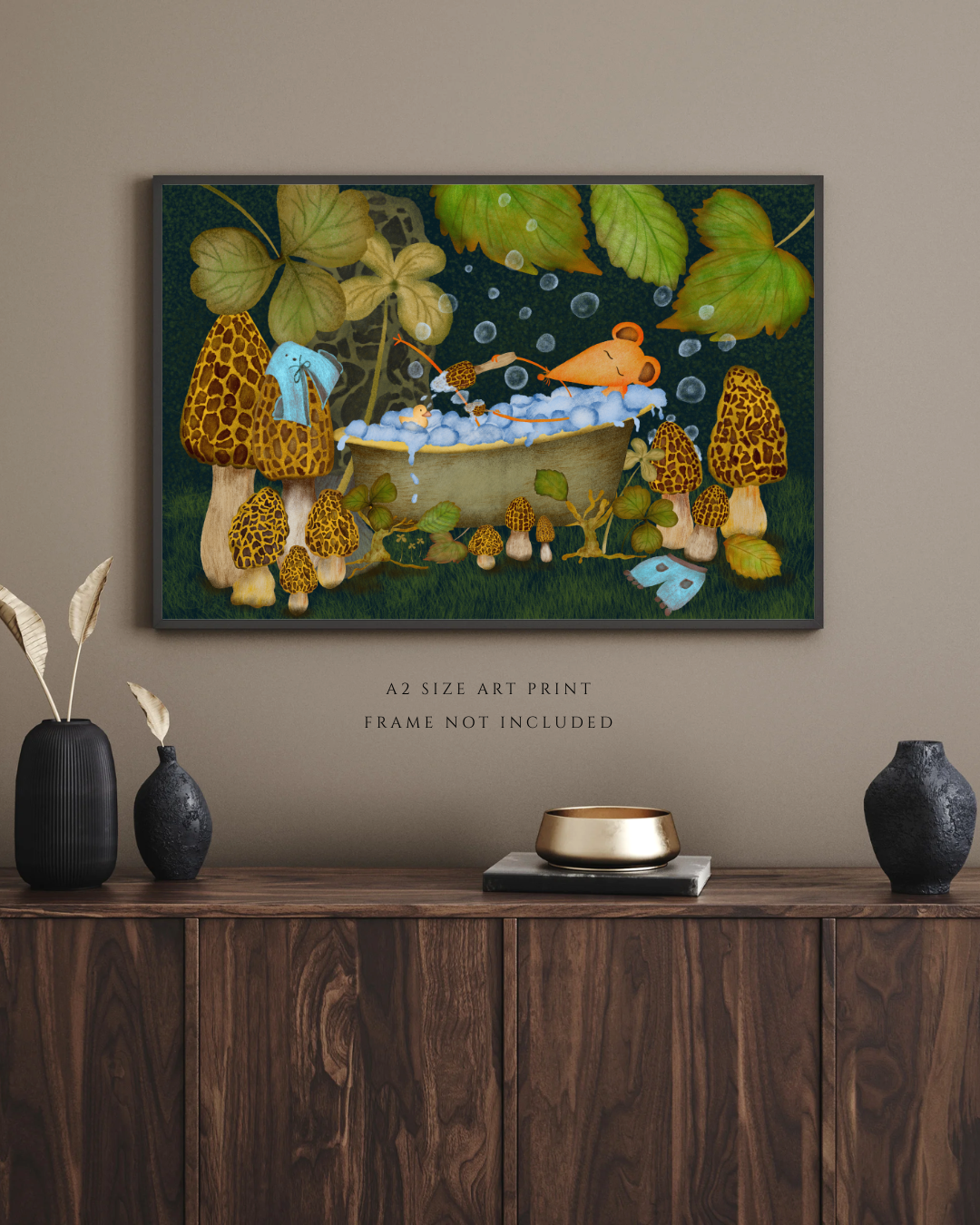 Bubble Bath, Woodland Mushrooms and Mouse Wall Art - A2 Art Print (42 x 59.4  cm)