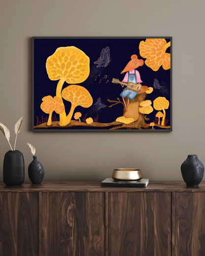 Orange Pore Fungi and Mouse Illustration A2 Art Print (42 x 59.4  cm)