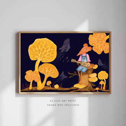 Orange Pore Fungi and Mouse Illustration A2 Art Print (42 x 59.4  cm)