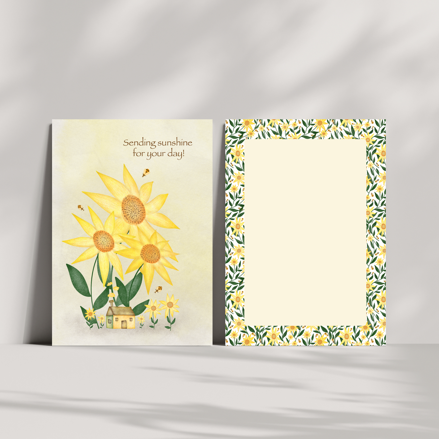 Yellow sunflower and cottage core themed notecard with hand-drawn illustration, part of the Whispers in Print postcard collection.