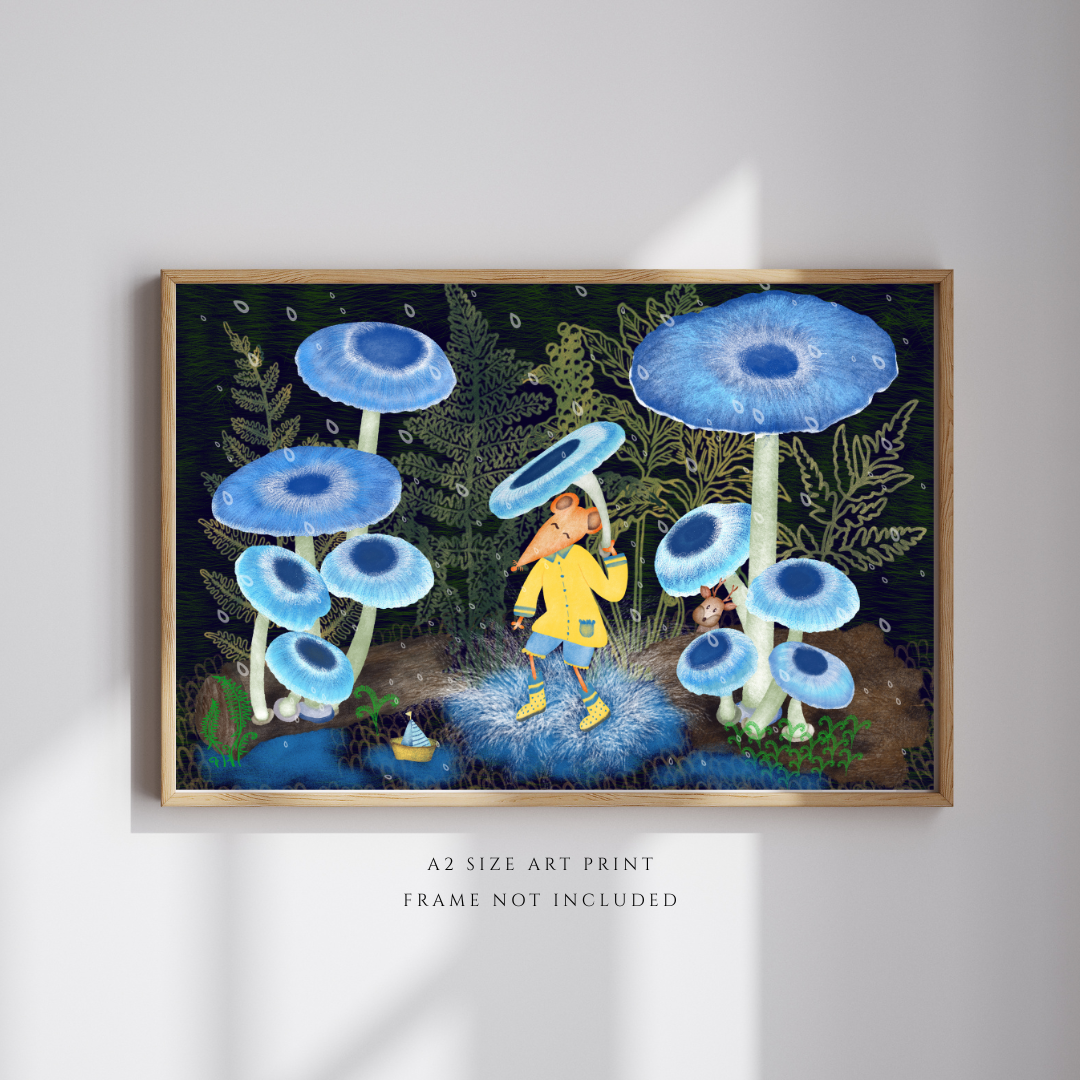 Rainy Woodland, Mushrooms and Mouse Wall Art - A2 Art Print (42 x 59.4  cm)