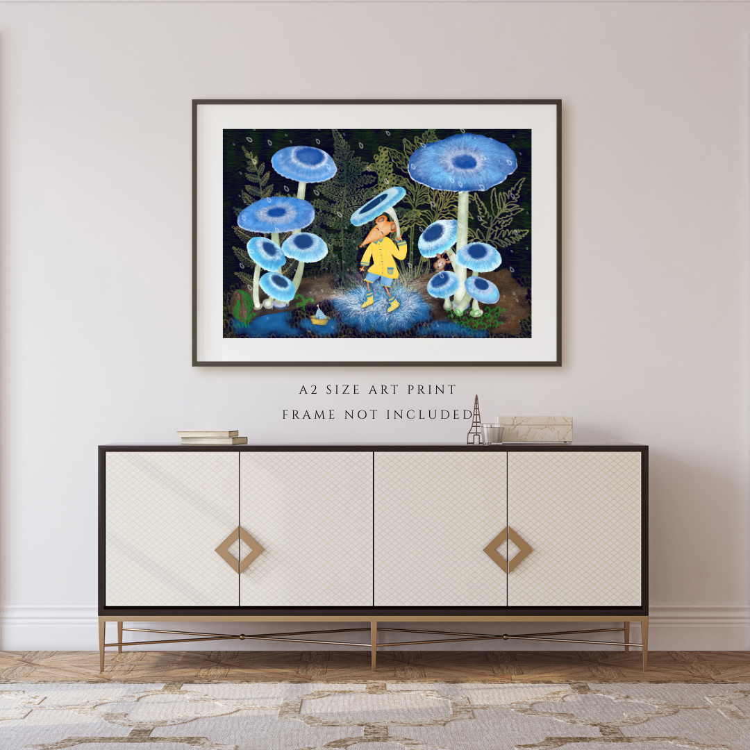 Rainy Woodland, Mushrooms and Mouse Wall Art - A2 Art Print (42 x 59.4  cm)
