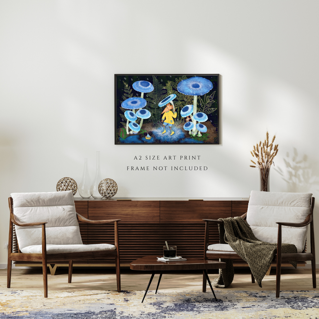 Rainy Woodland, Mushrooms and Mouse Wall Art - A2 Art Print (42 x 59.4  cm)