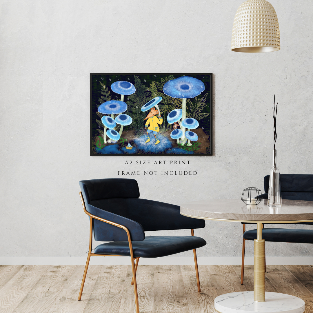 Rainy Woodland, Mushrooms and Mouse Wall Art - A2 Art Print (42 x 59.4  cm)