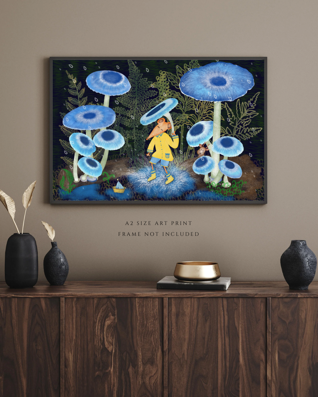Rainy Woodland, Mushrooms and Mouse Wall Art - A2 Art Print (42 x 59.4  cm)