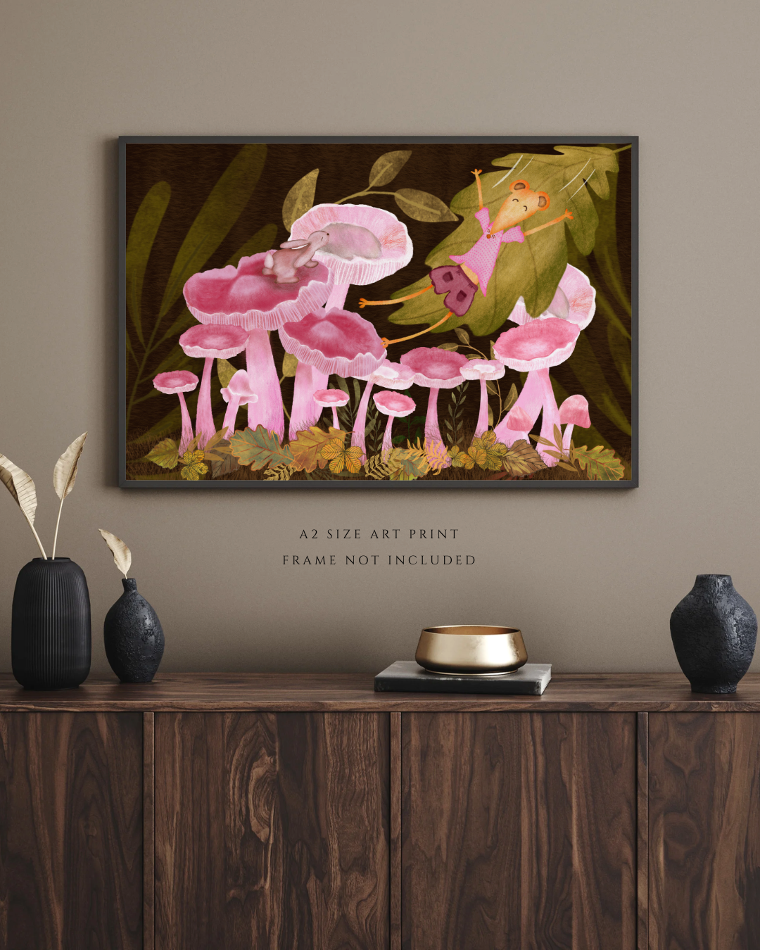 Bunny, Pink Mushrooms and Joyful Mouse Wall Art - A2 Art Print (42 x 59.4  cm)