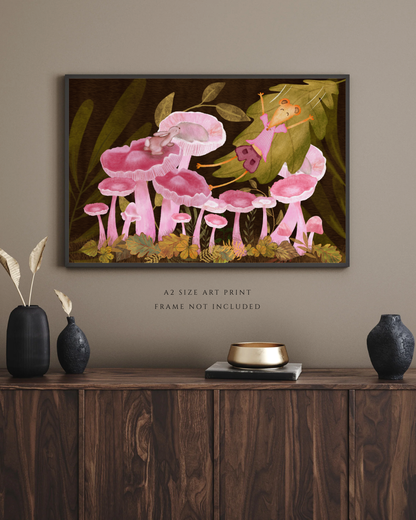 Bunny, Pink Mushrooms and Joyful Mouse Wall Art - A2 Art Print (42 x 59.4  cm)