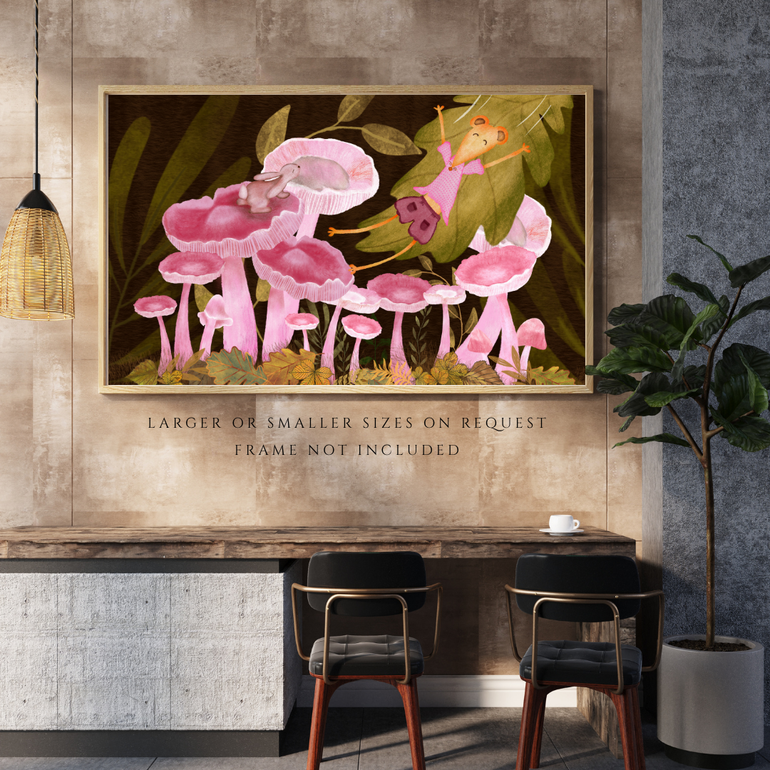 Bunny, Pink Mushrooms and Joyful Mouse Wall Art - A2 Art Print (42 x 59.4  cm)