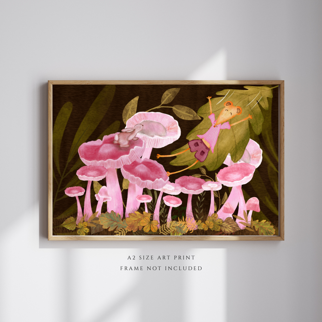 Bunny, Pink Mushrooms and Joyful Mouse Wall Art - A2 Art Print (42 x 59.4  cm)