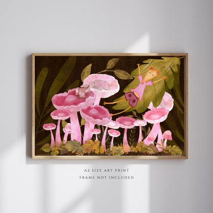 Bunny, Pink Mushrooms and Joyful Mouse Wall Art - A2 Art Print (42 x 59.4  cm)