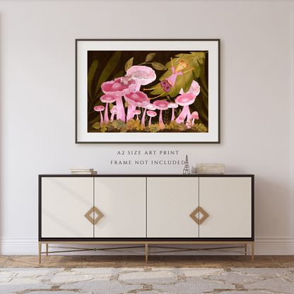 Bunny, Pink Mushrooms and Joyful Mouse Wall Art - A2 Art Print (42 x 59.4  cm)