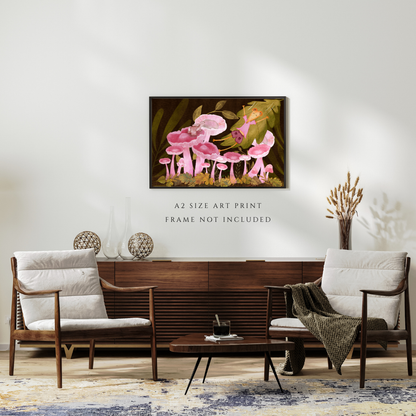 Bunny, Pink Mushrooms and Joyful Mouse Wall Art - A2 Art Print (42 x 59.4  cm)