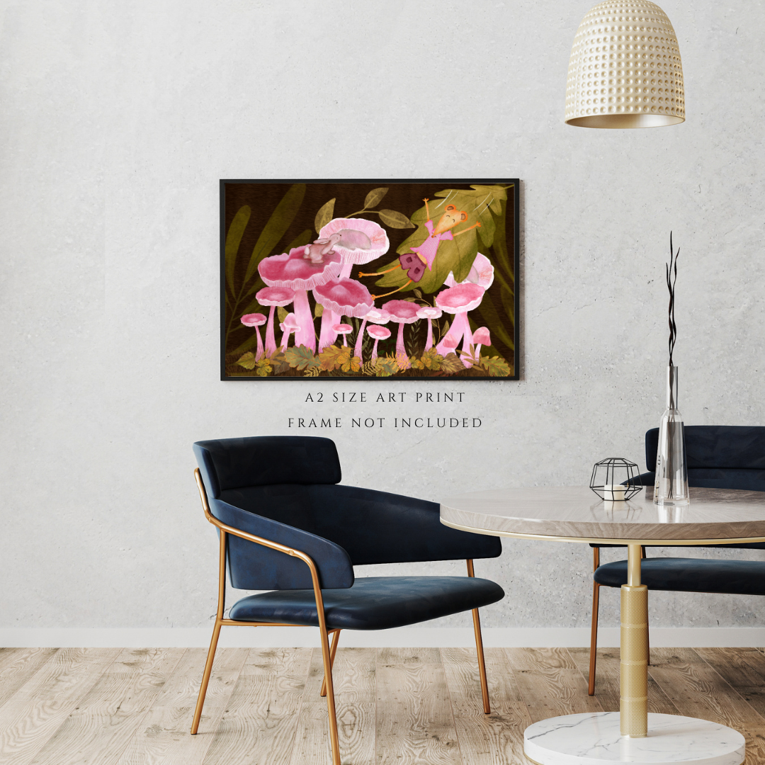 Bunny, Pink Mushrooms and Joyful Mouse Wall Art - A2 Art Print (42 x 59.4  cm)