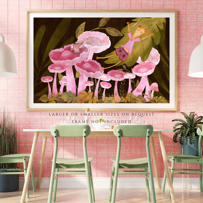 Bunny, Pink Mushrooms and Joyful Mouse Wall Art - A2 Art Print (42 x 59.4  cm)