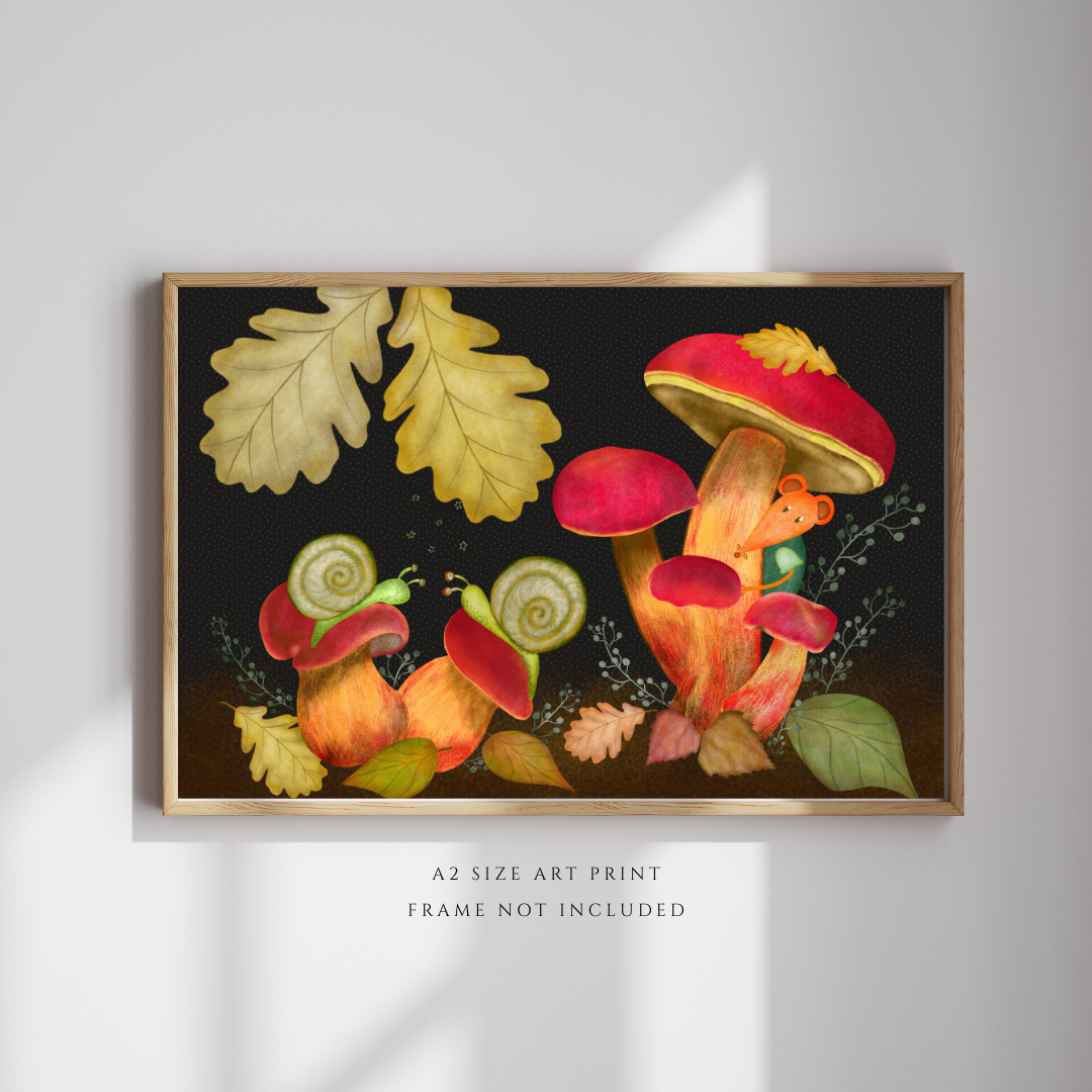 Snails, Red Mushrooms and Mouse Wall Art - A2 Art Print (42 x 59.4  cm)