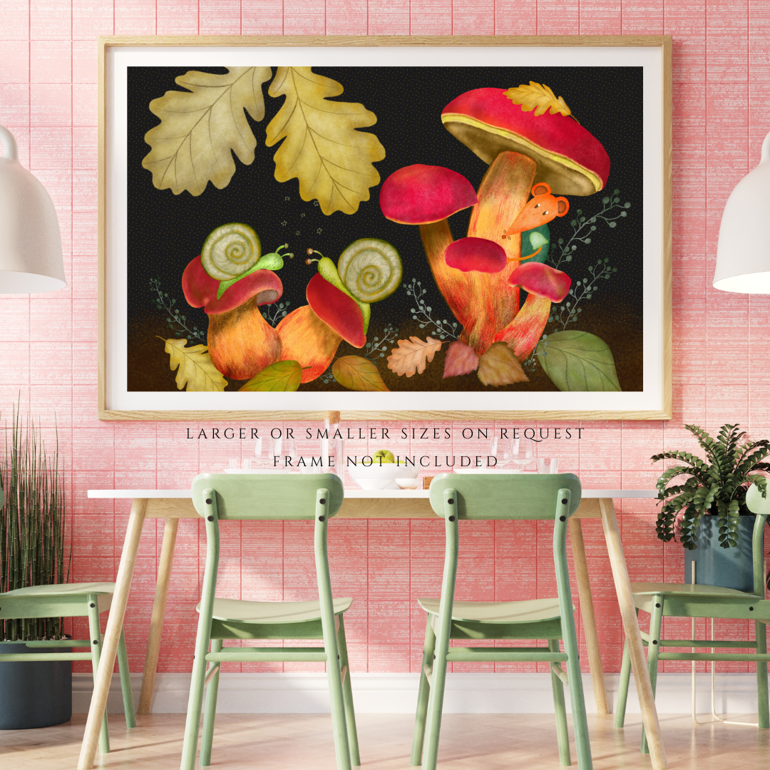Snails, Red Mushrooms and Mouse Wall Art - A2 Art Print (42 x 59.4  cm)