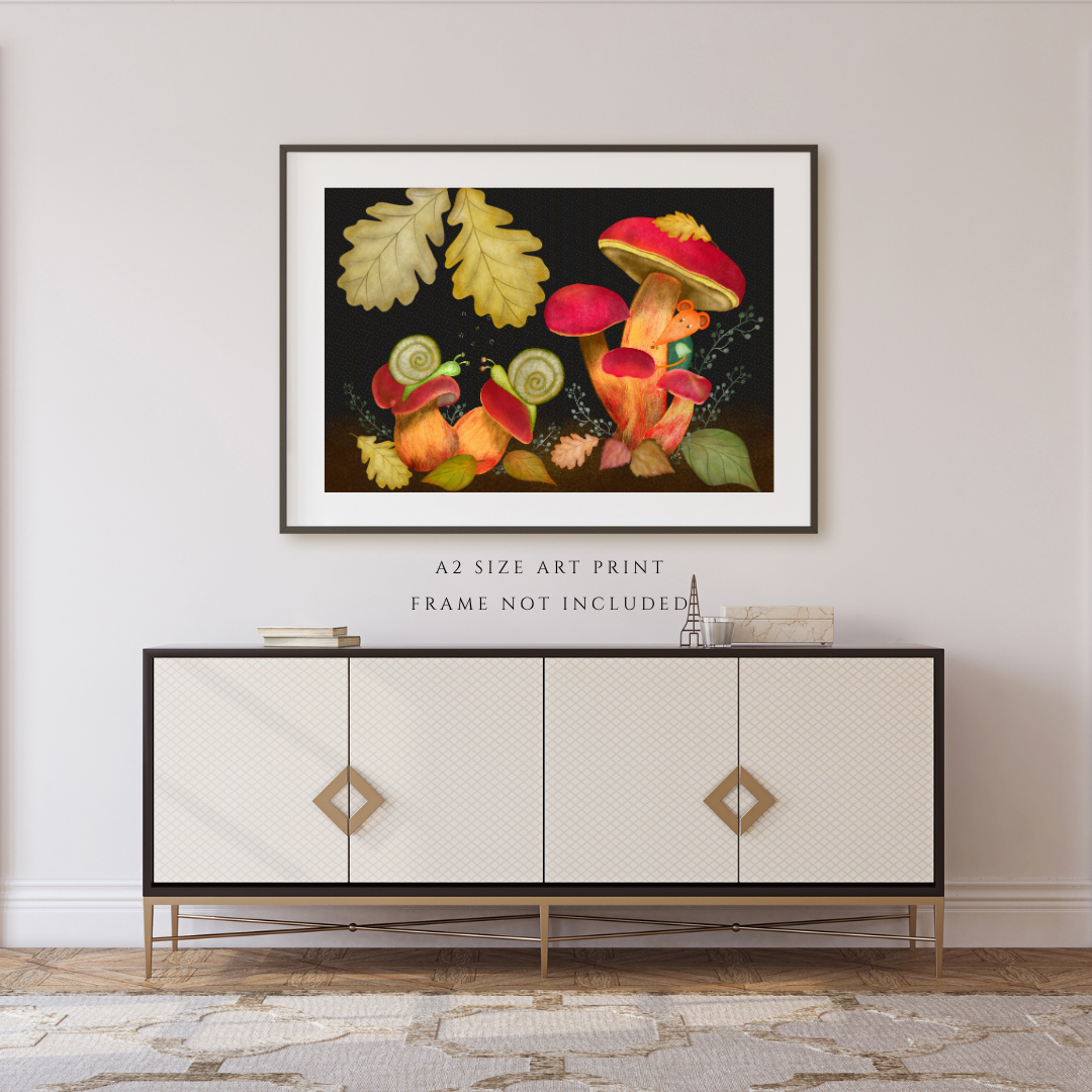 Snails, Red Mushrooms and Mouse Wall Art - A2 Art Print (42 x 59.4  cm)