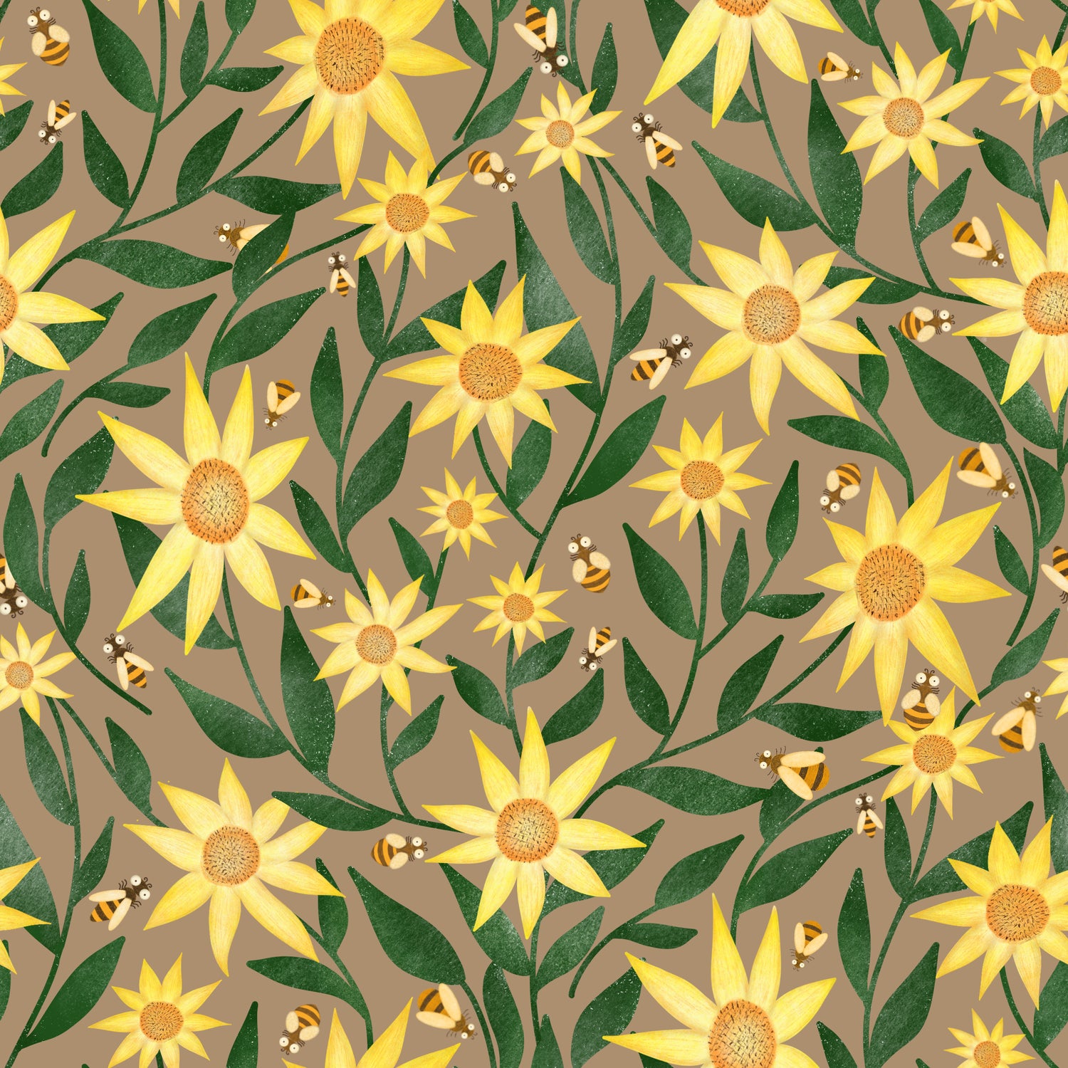 A repeating floral surface pattern design featuring yellow sunflowers, green leaves, and small bees on a warm taupe background, for wallpaper, fabric and home decor products.
